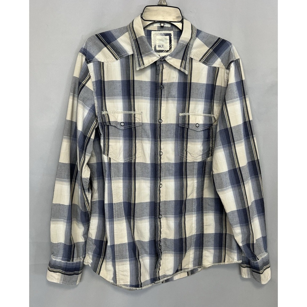 BKE Buckle Shirt‎ Tailored Fit Pearl Snap Blue White Plaid Western Men's Large